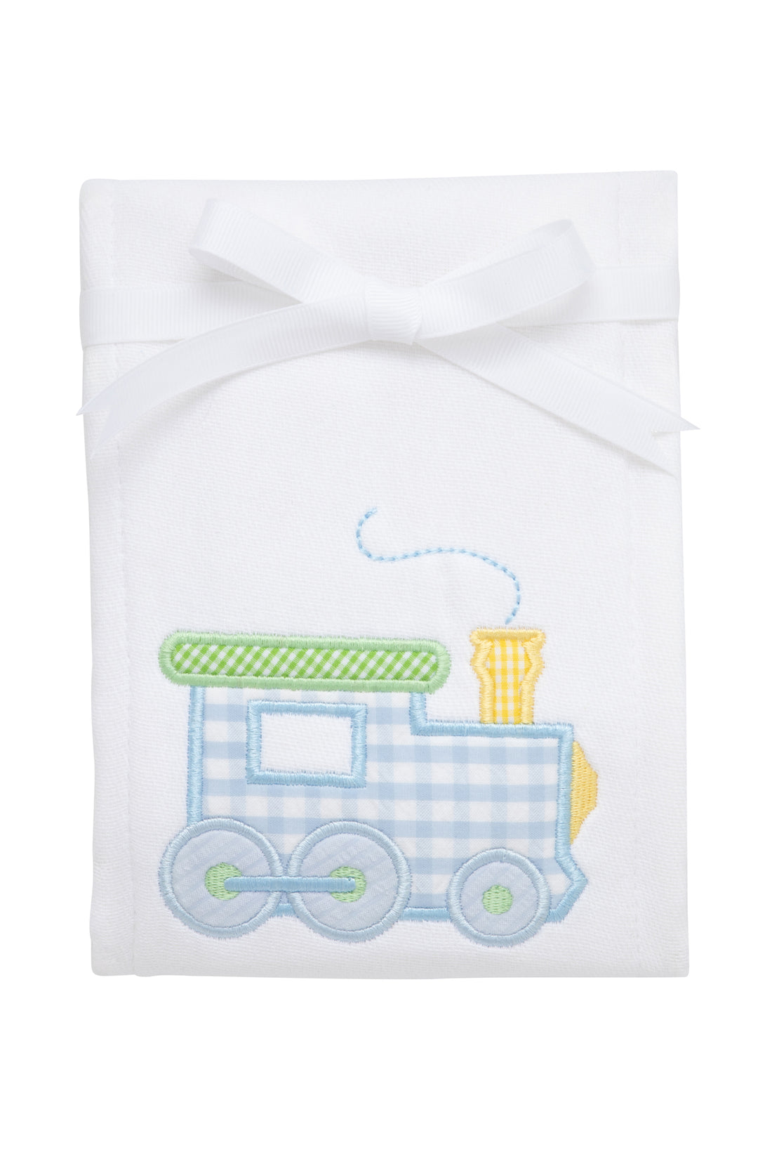 Cotton burp cloth for baby boy with blue and green gingham check train applique, 3 Marthas