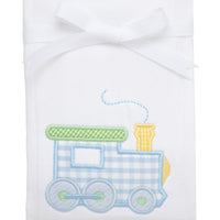 Cotton burp cloth for baby boy with blue and green gingham check train applique, 3 Marthas