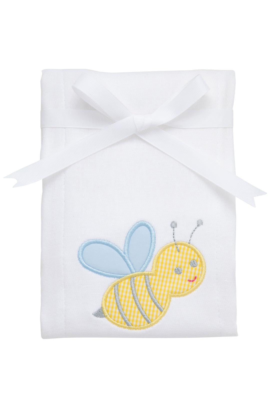 Cotton burp cloth for baby with yellow gingham bumble bee applique with blue wings, 3 Marthas