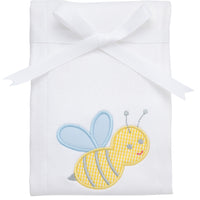 Cotton burp cloth for baby with yellow gingham bumble bee applique with blue wings, 3 Marthas