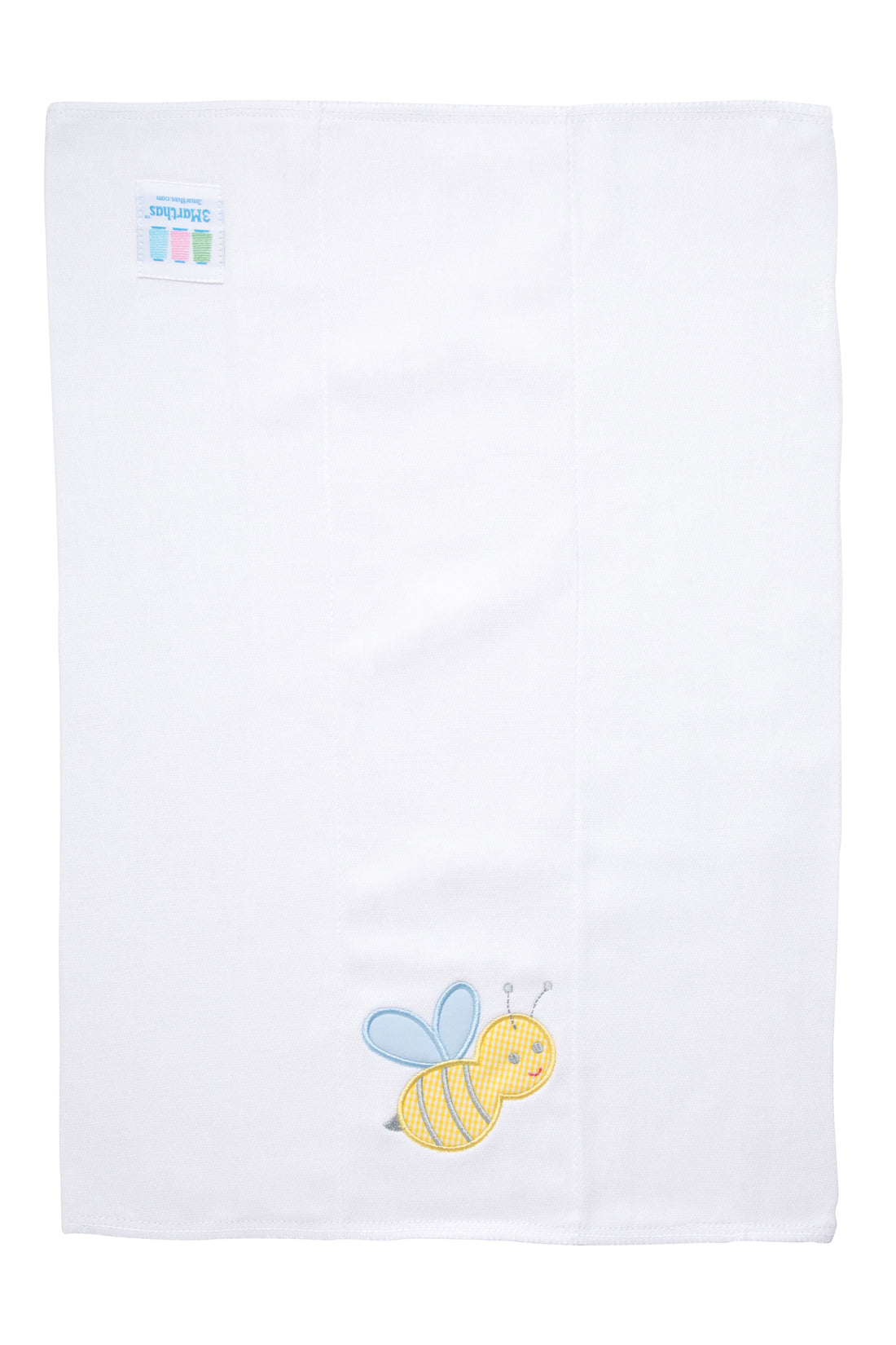Cotton burp cloth for baby with yellow gingham bumble bee applique with blue wings, 3 Marthas