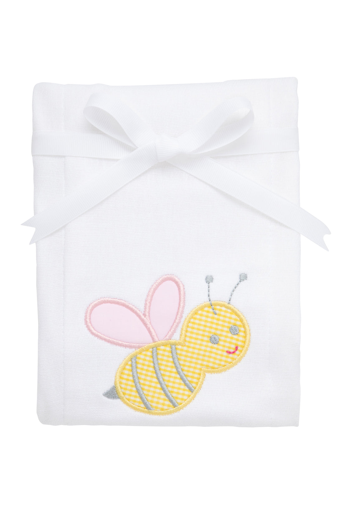 Cotton burp cloth for baby with yellow gingham bumble bee applique with pink wings, 3 Marthas