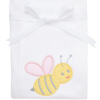 Cotton burp cloth for baby with yellow gingham bumble bee applique with pink wings, 3 Marthas