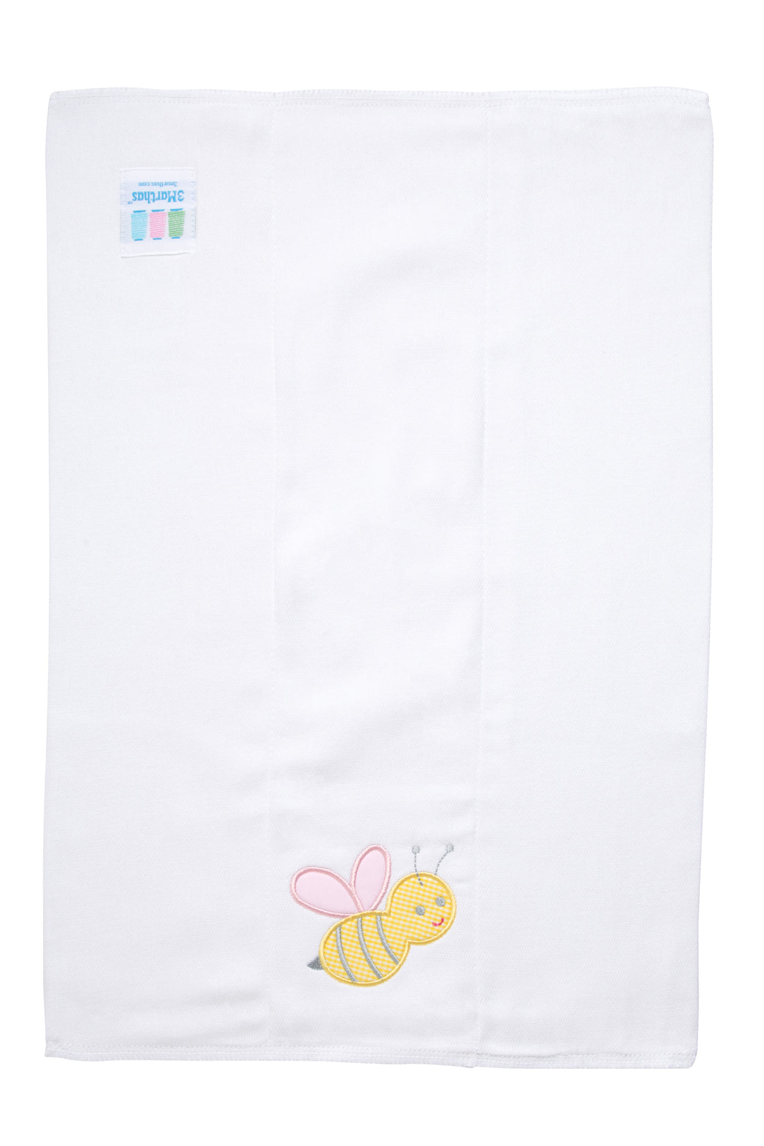 Cotton burp cloth for baby with yellow gingham bumble bee applique with pink wings, 3 Marthas