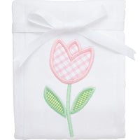 Cotton burp cloth for baby girl with pink and green gingham check tulip applique, 3 Marthas