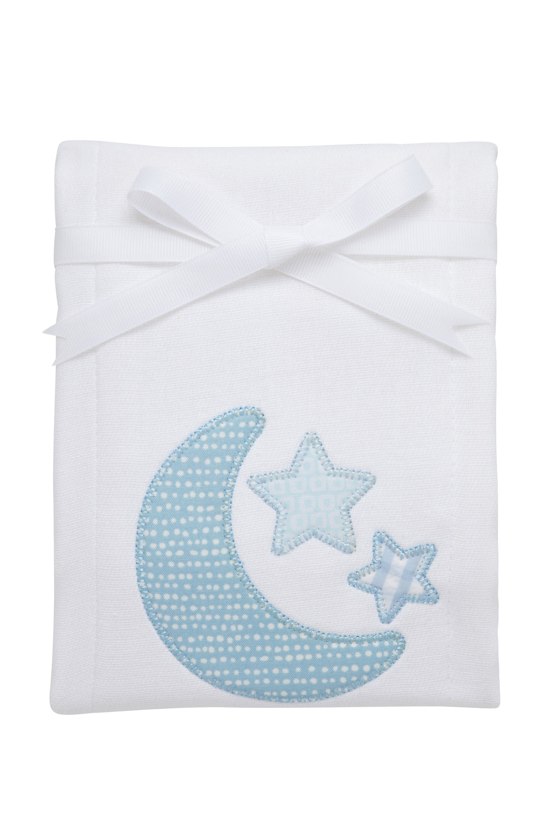 Cotton burp cloth for baby with blue crescent moon and stars applique, 3 Marthas