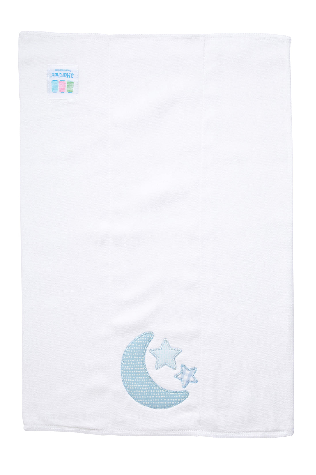 Cotton burp cloth for baby with blue crescent moon and stars applique, 3 Marthas