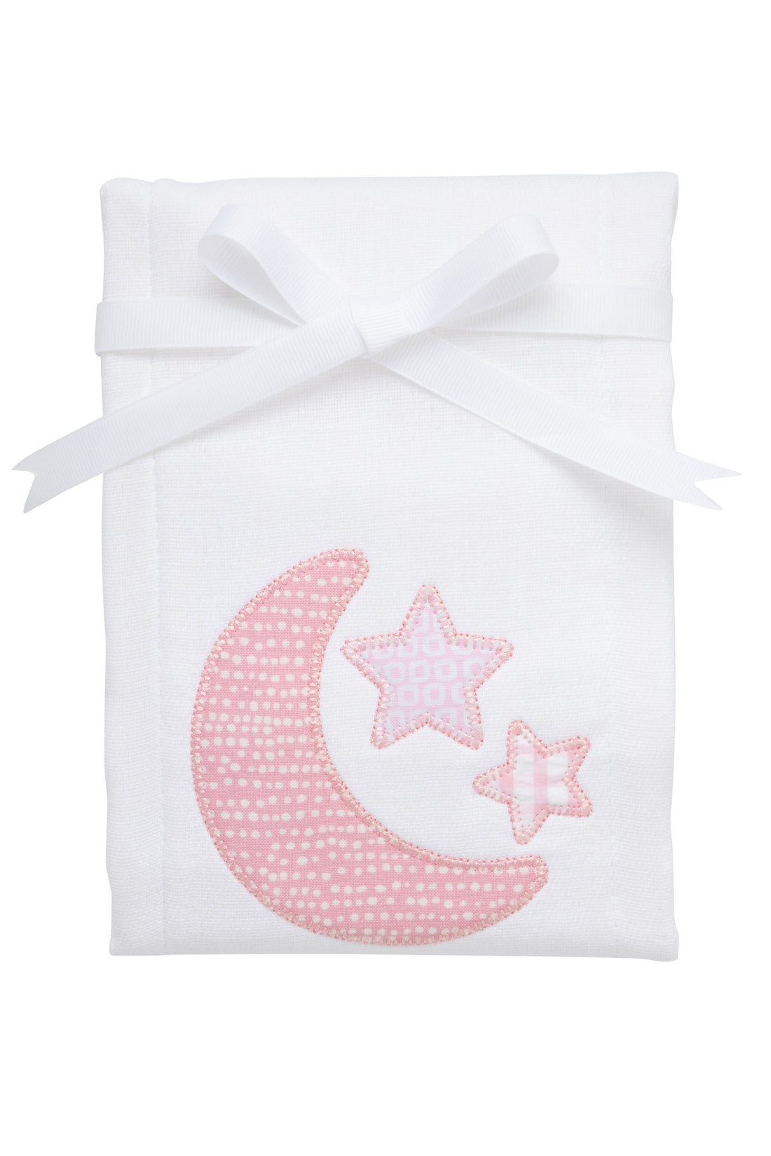 Cotton burp cloth for baby with pink crescent moon and stars applique, 3 Marthas