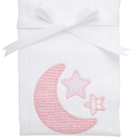 Cotton burp cloth for baby with pink crescent moon and stars applique, 3 Marthas