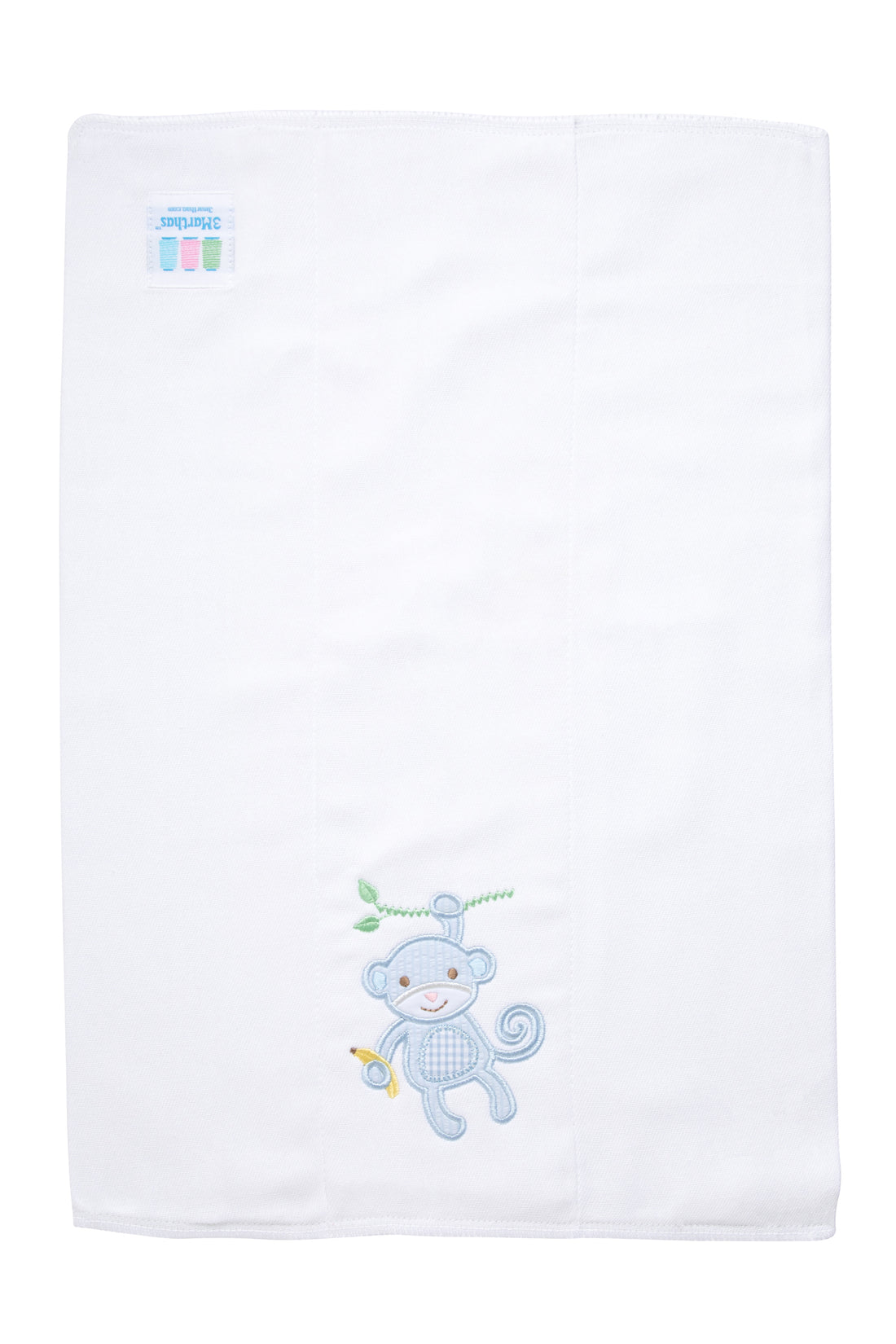 Cotton burp cloth for baby with blue seersucker stripe and gingham check monkey applique, 3 Marthas