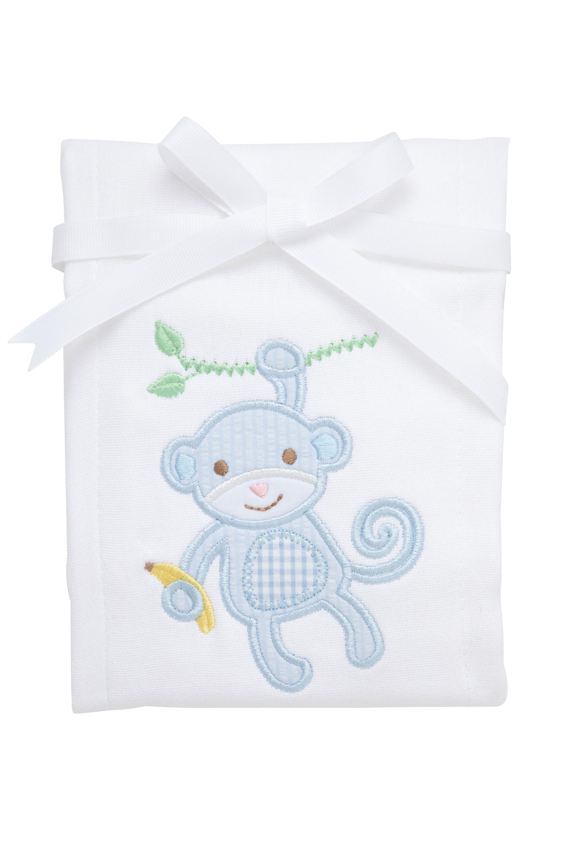 Cotton burp cloth for baby with blue seersucker stripe and gingham check monkey applique, 3 Marthas