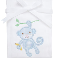 Cotton burp cloth for baby with blue seersucker stripe and gingham check monkey applique, 3 Marthas