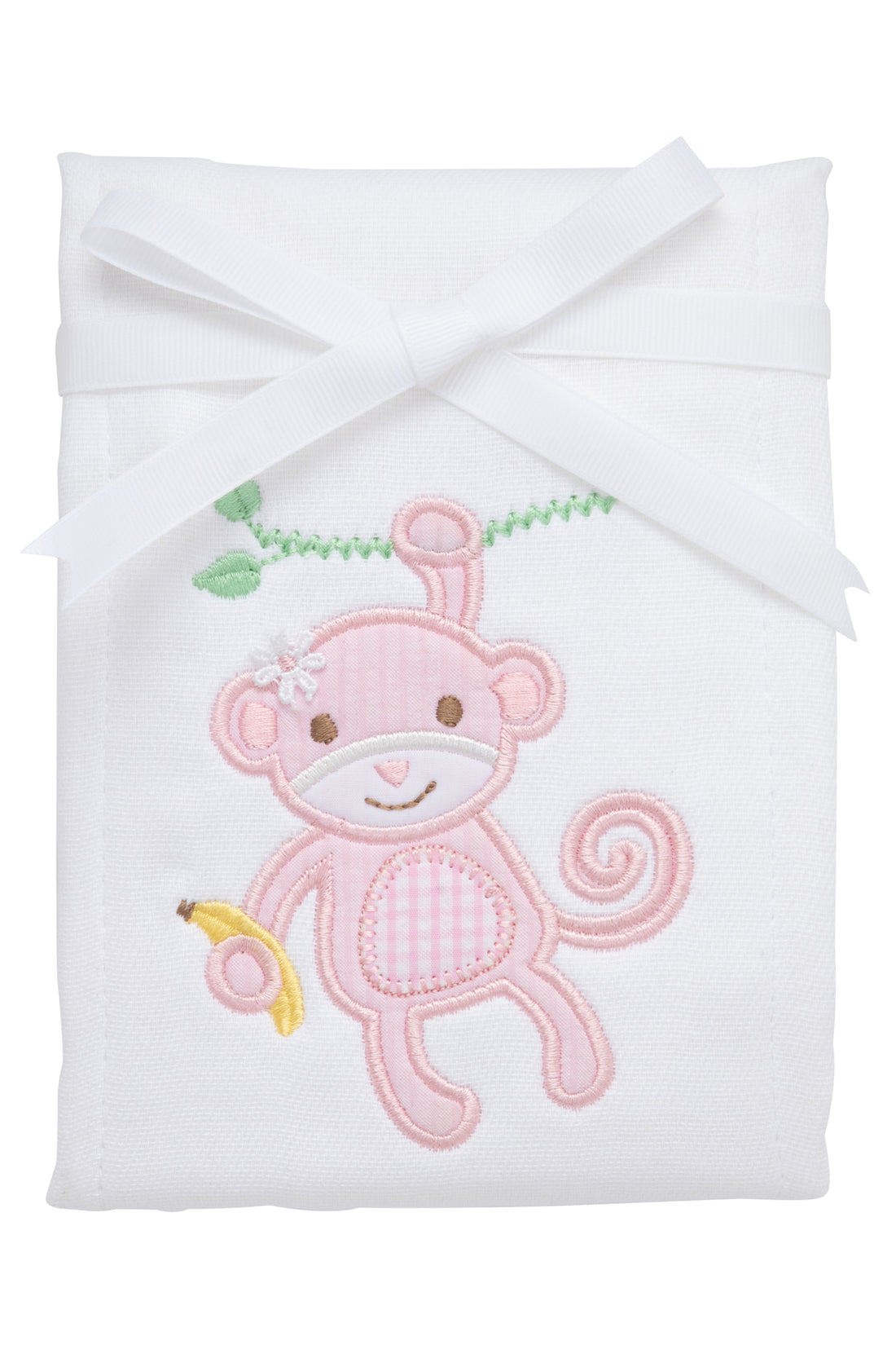 Cotton burp cloth for baby with pink seersucker stripe and gingham check monkey applique, 3 Marthas