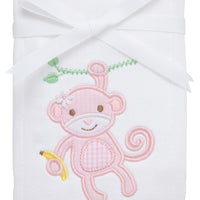 Cotton burp cloth for baby with pink seersucker stripe and gingham check monkey applique, 3 Marthas