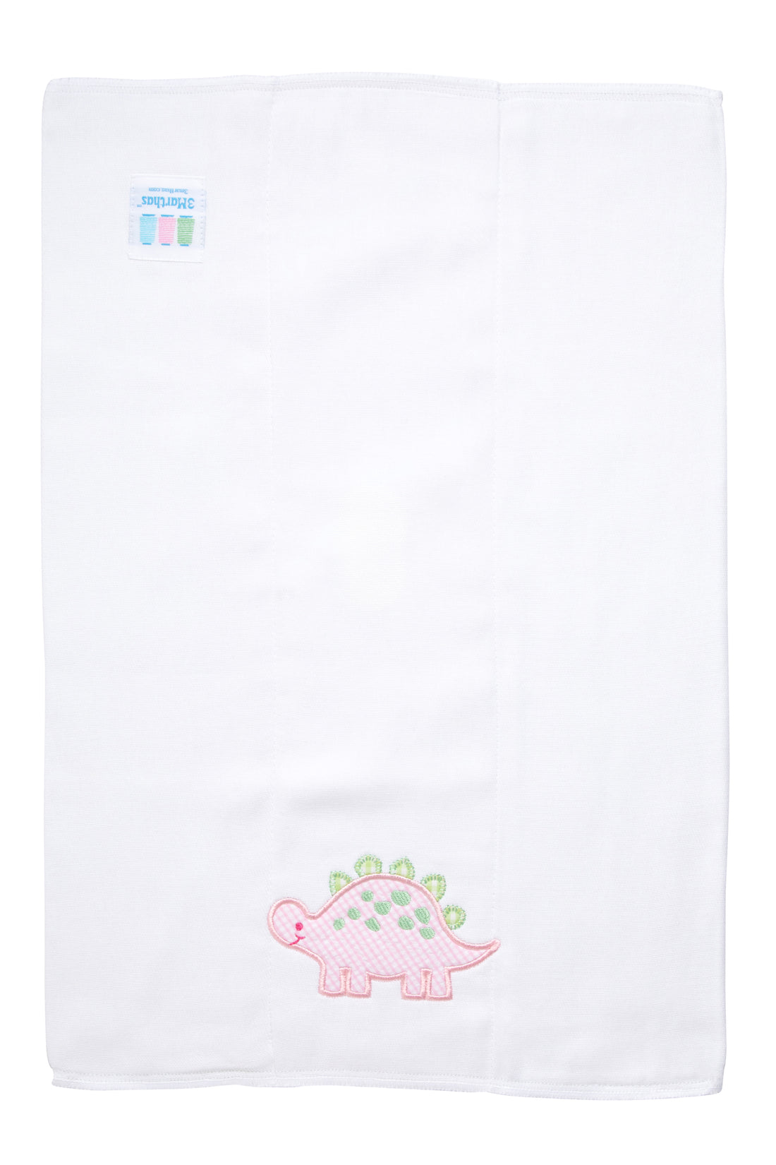 Cotton burp cloth for baby girl with pink and green gingham check dinosaur applique, 3 Marthas
