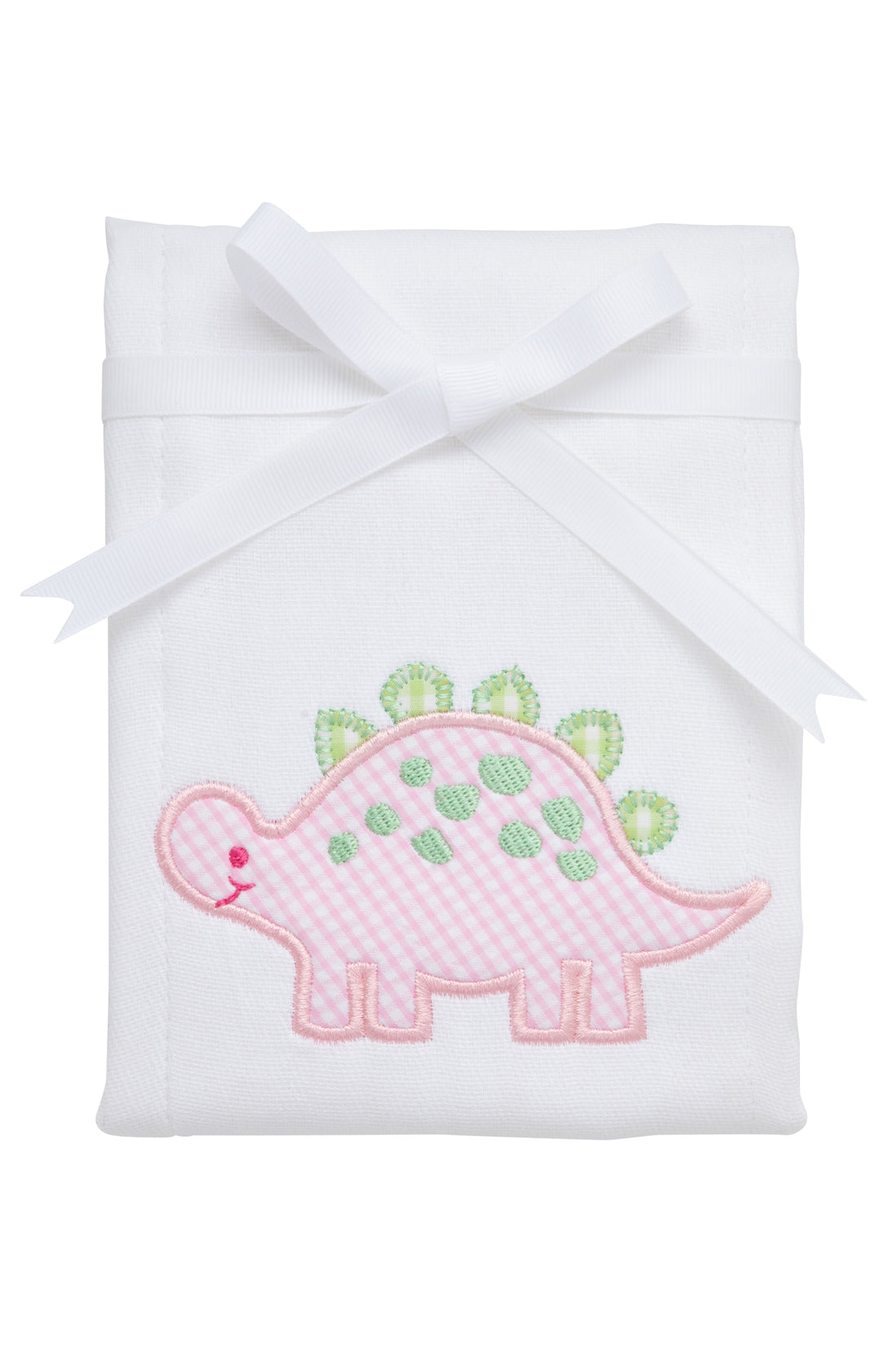 Cotton burp cloth for baby girl with pink and green gingham check dinosaur applique, 3 Marthas