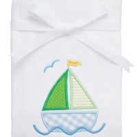 Cotton burp cloth for baby with blue and green sailboat applique, 3 Marthas