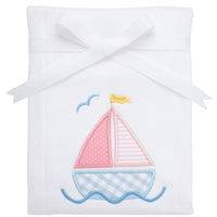Cotton burp cloth for baby with pink and blue sailboat applique, 3 Marthas