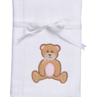 Cotton burp cloth for baby girl with pink and brown gingham teddy bear applique, 3 Marthas