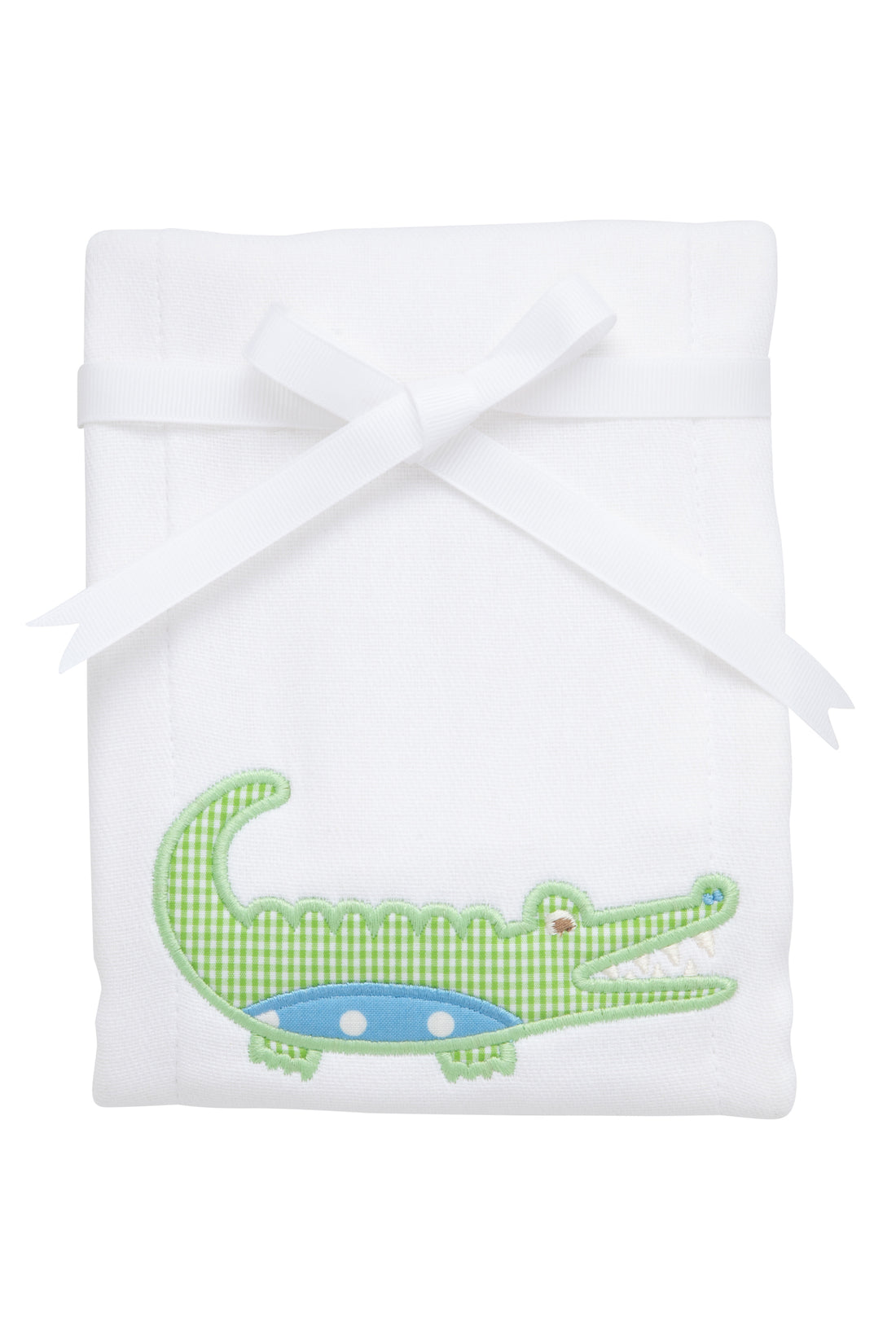 Cotton burp cloth for baby with green gingham check and blue dot alligator applique, 3 Marthas