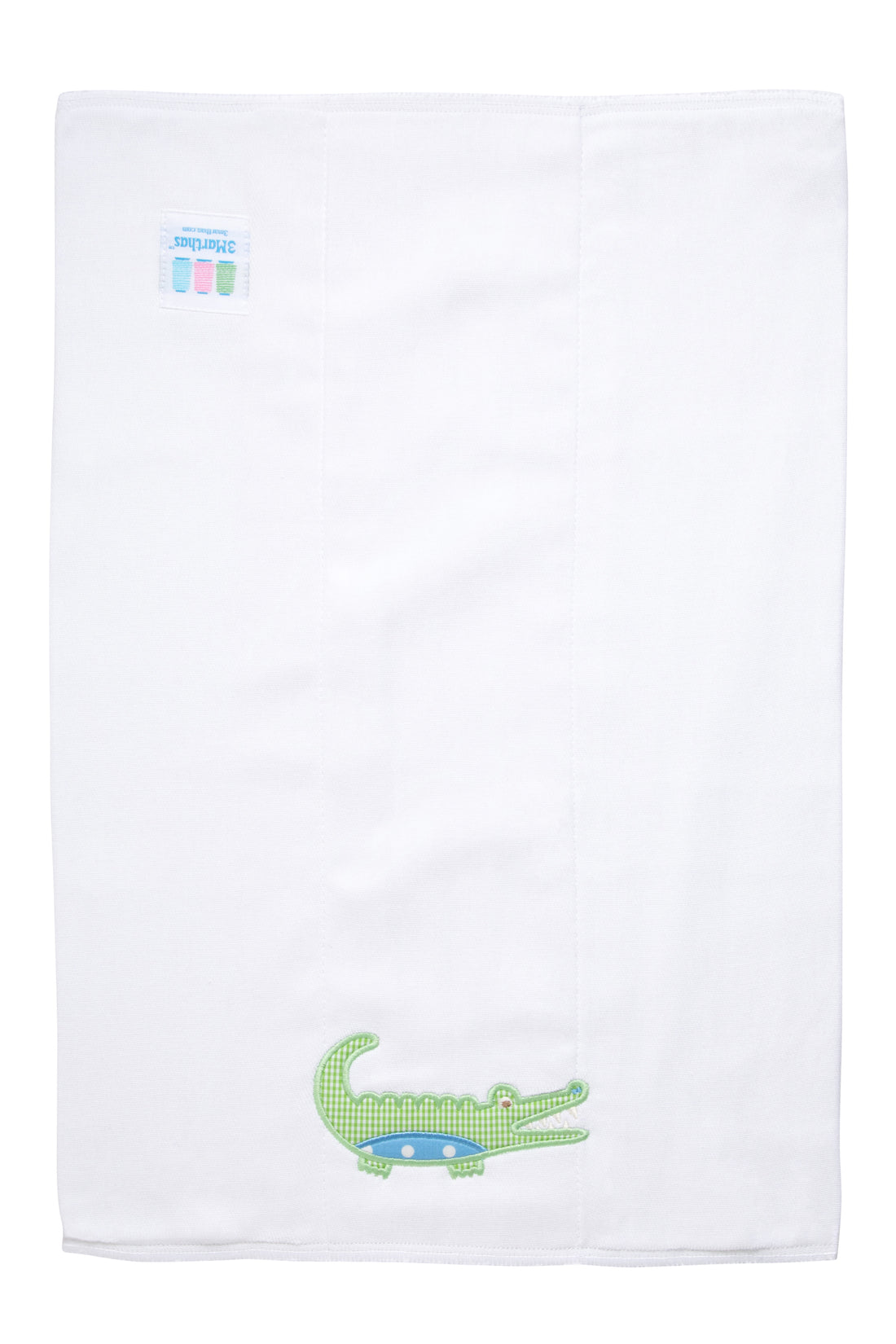 Cotton burp cloth for baby with green gingham check and blue dot alligator applique, 3 Marthas