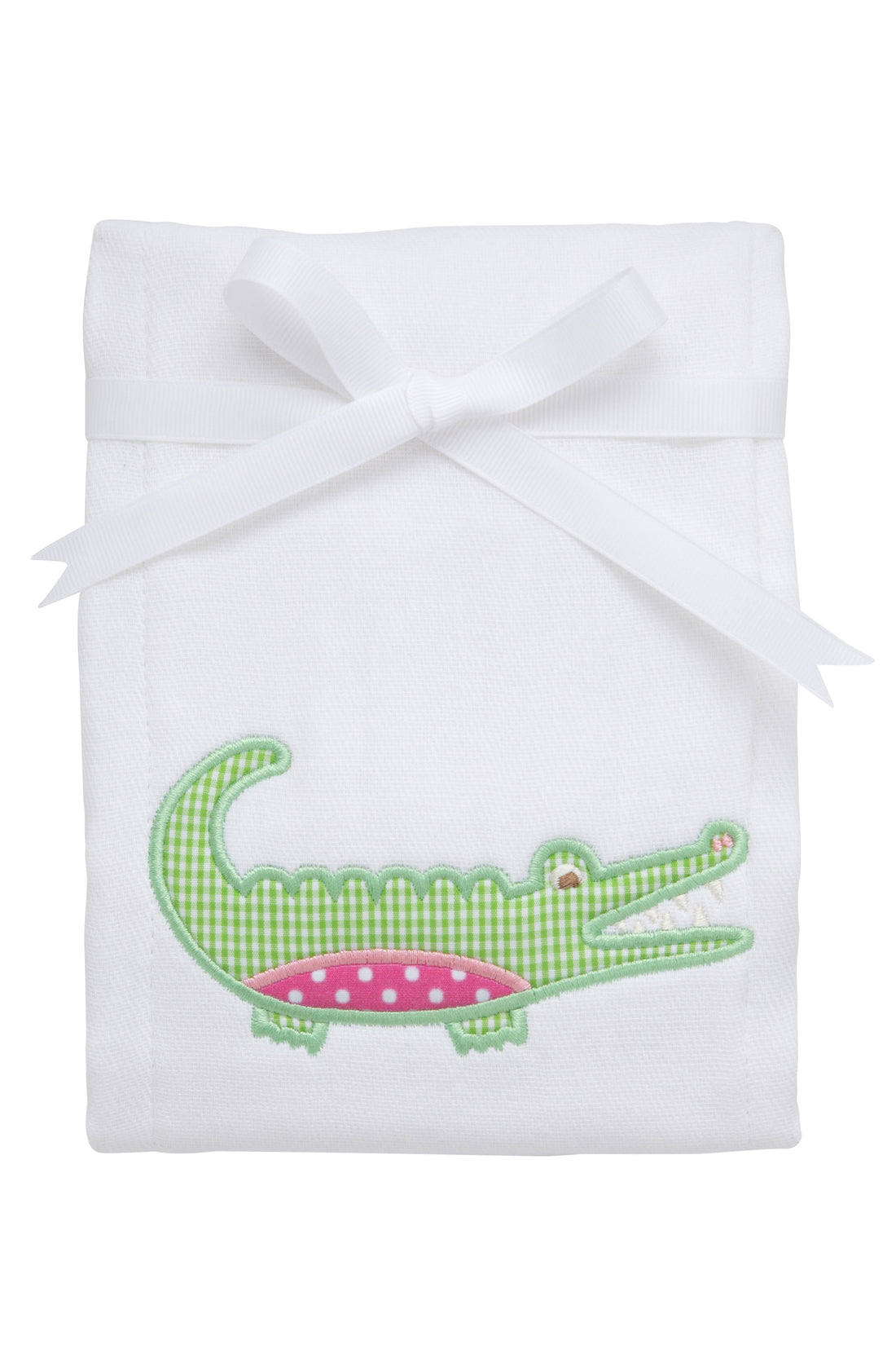 Cotton burp cloth for baby with green gingham check and pink dot alligator applique, 3 Marthas