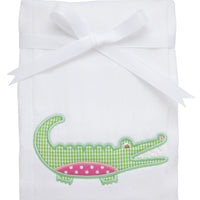Cotton burp cloth for baby with green gingham check and pink dot alligator applique, 3 Marthas