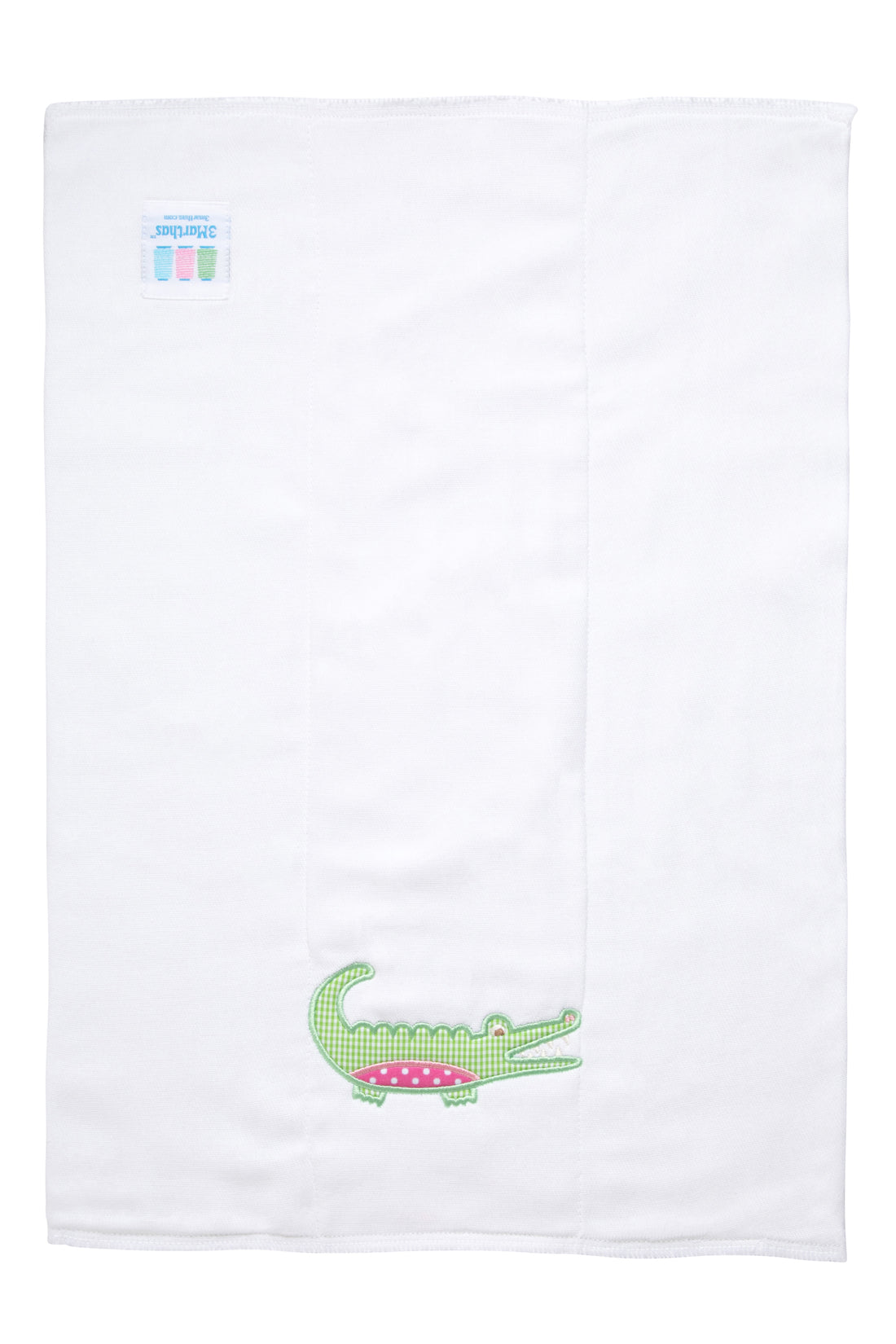 Cotton burp cloth for baby with green gingham check and pink dot alligator applique, 3 Marthas