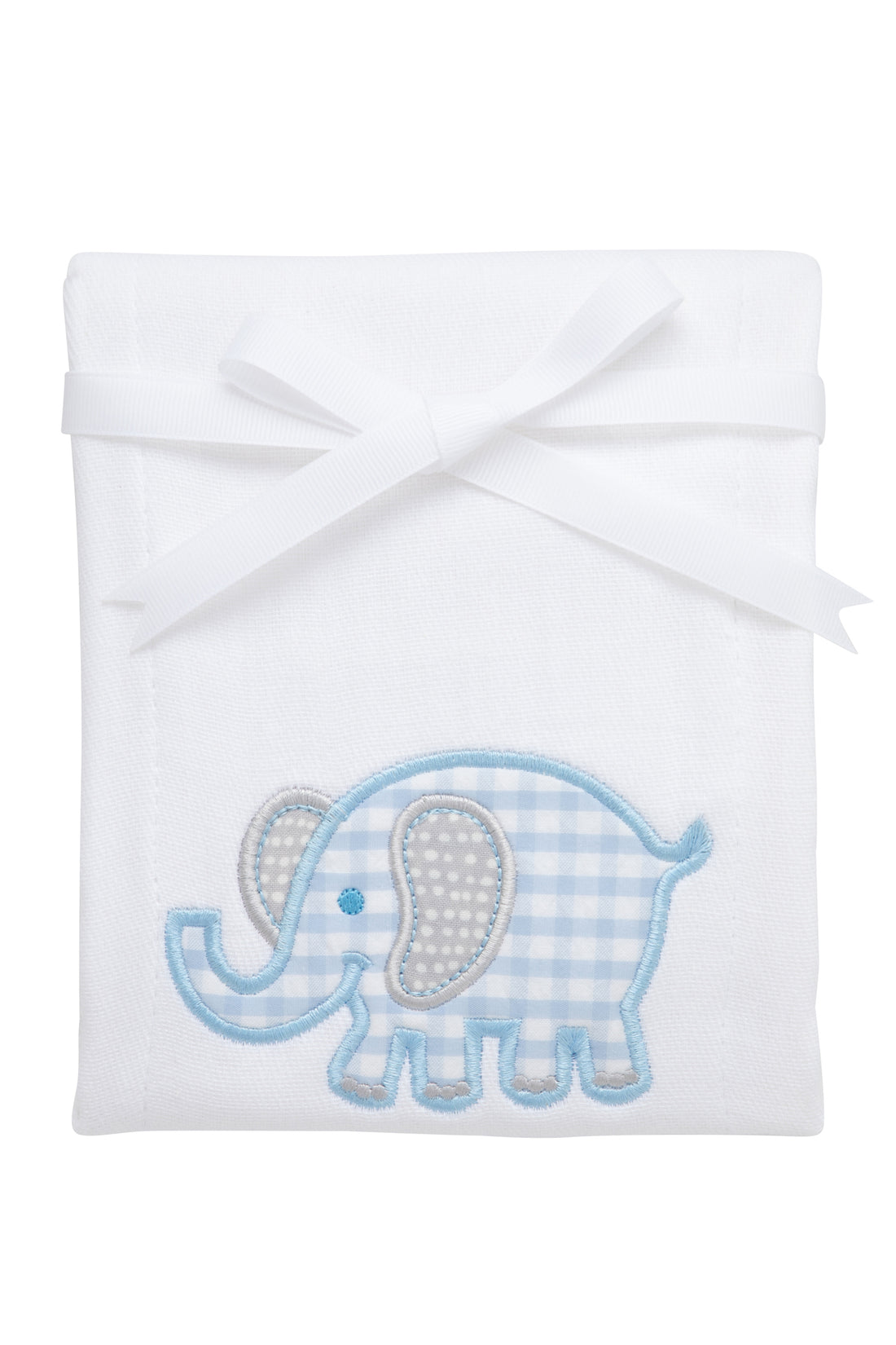 Cotton burp cloth for baby with blue gingham check  and gray dot elephant applique, 3 Marthas