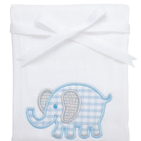 Cotton burp cloth for baby with blue gingham check and gray dot elephant applique, 3 Marthas