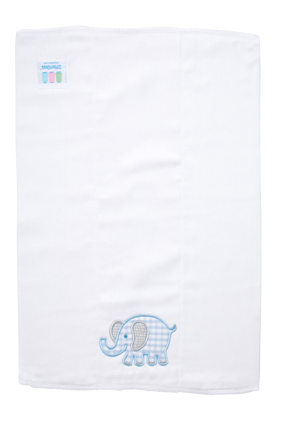 Cotton burp cloth for baby with blue gingham check  and gray dot elephant applique, 3 Marthas