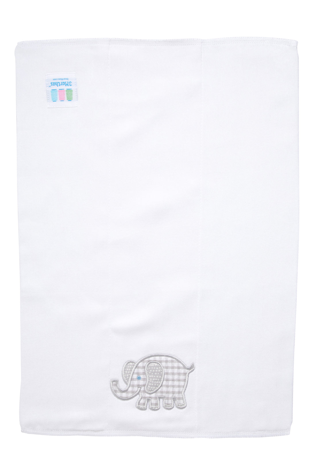 Cotton burp cloth for baby with gray gingham check  and gray dot elephant applique, 3 Marthas