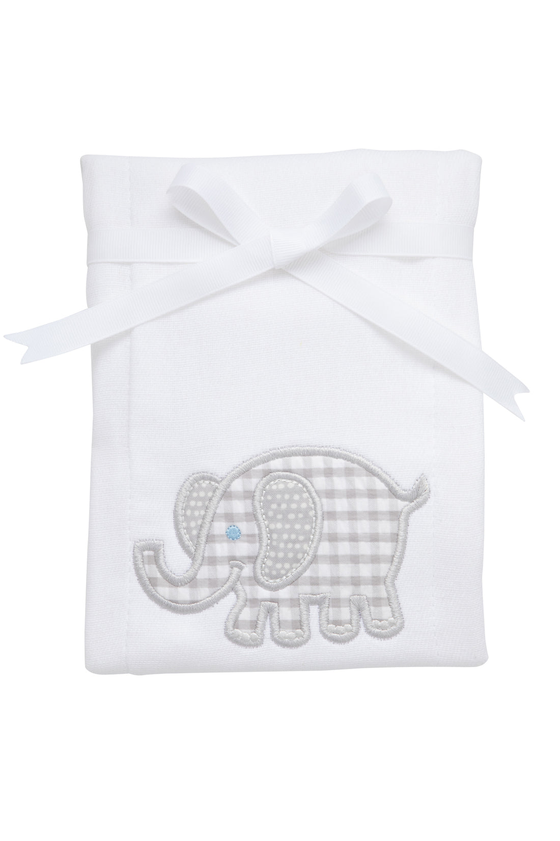 Cotton burp cloth for baby with gray gingham check  and gray dot elephant applique, 3 Marthas
