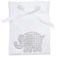 Cotton burp cloth for baby with gray gingham check and gray dot elephant applique, 3 Marthas
