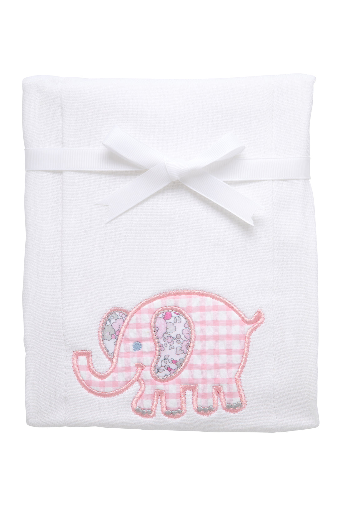 Cotton burp cloth for baby with pink gingham check  and floral elephant applique, 3 Marthas