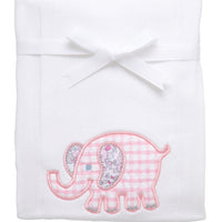 Cotton burp cloth for baby with pink gingham check and floral elephant applique, 3 Marthas