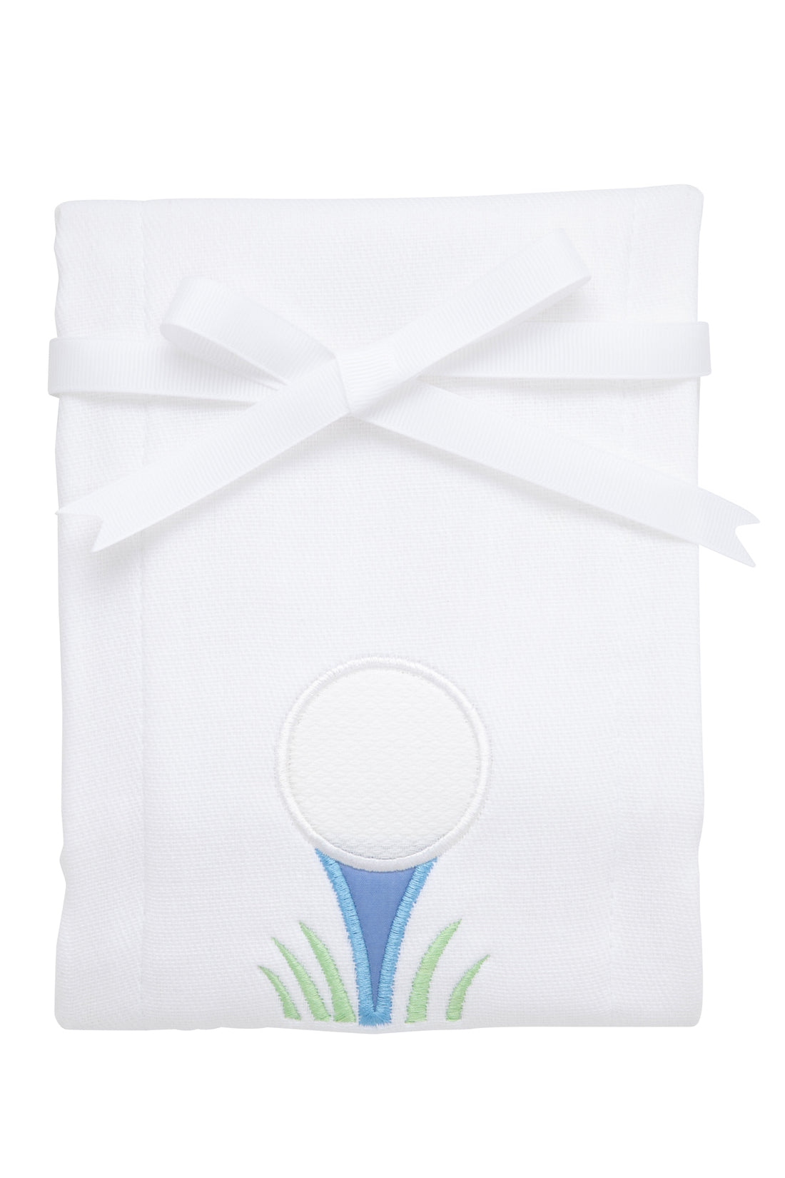 Cotton burp cloth for baby with golf ball on blue tee applique, 3 Marthas
