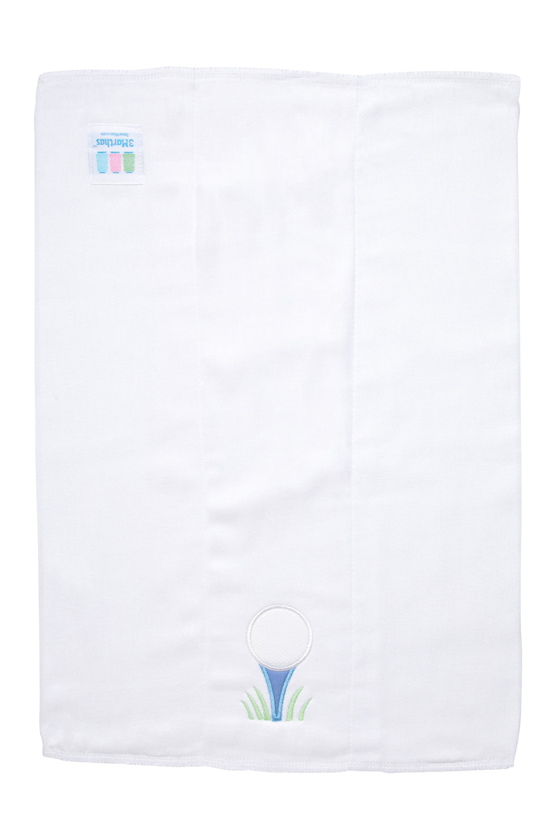 Cotton burp cloth for baby with golf ball on blue tee applique, 3 Marthas
