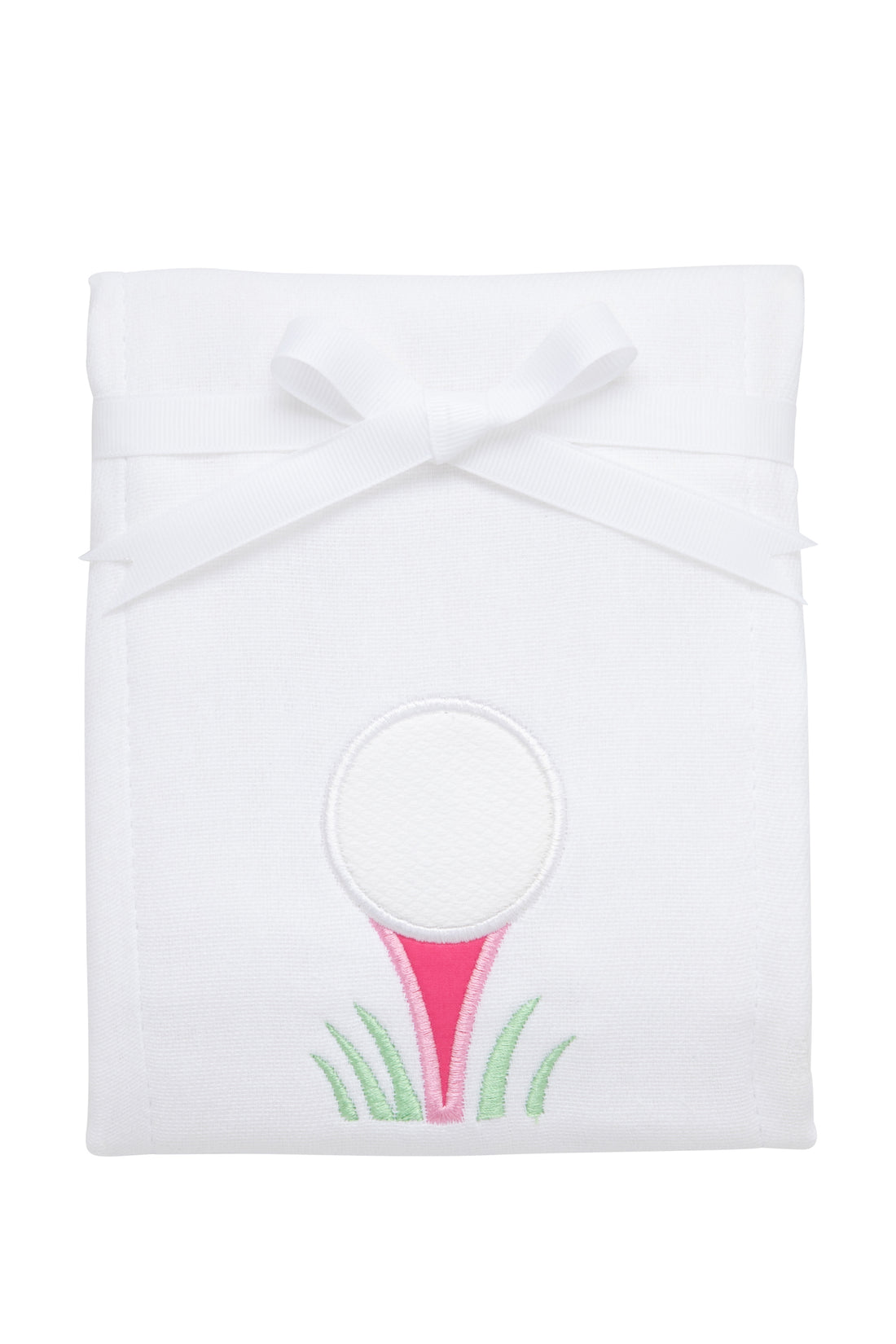 Cotton burp cloth for baby with golf ball on pink tee applique, 3 Marthas