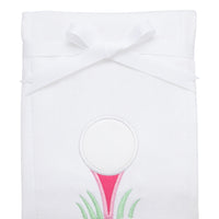 Cotton burp cloth for baby with golf ball on pink tee applique, 3 Marthas