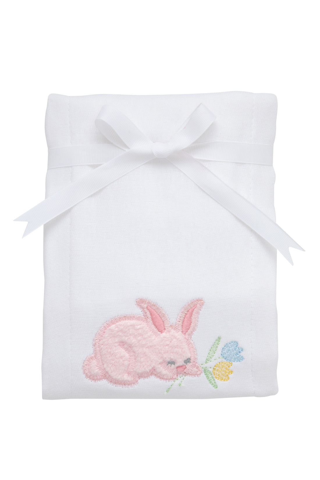 Cotton burp cloth for baby with pink fleece bunny applique with blue and yellow embroidered tulips, 3 Marthas
