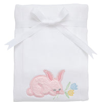 Cotton burp cloth for baby with pink fleece bunny applique with blue and yellow embroidered tulips, 3 Marthas