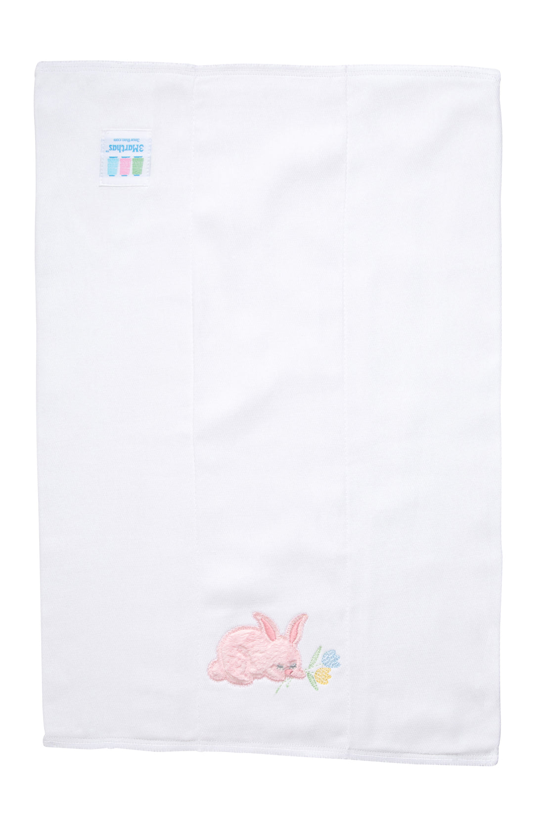 Cotton burp cloth for baby with pink fleece bunny applique with blue and yellow embroidered tulips, 3 Marthas
