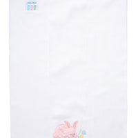 Cotton burp cloth for baby with pink fleece bunny applique with blue and yellow embroidered tulips, 3 Marthas