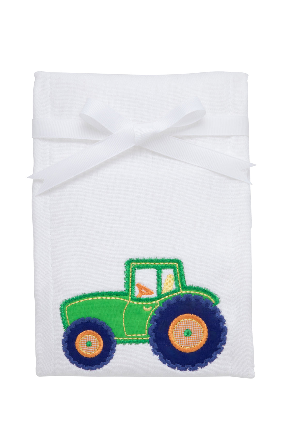 Cotton burp cloth for baby with green tractor applique, 3 Marthas