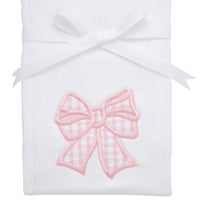 Cotton burp cloth for baby girl with pink gingham bow applique, 3 Marthas