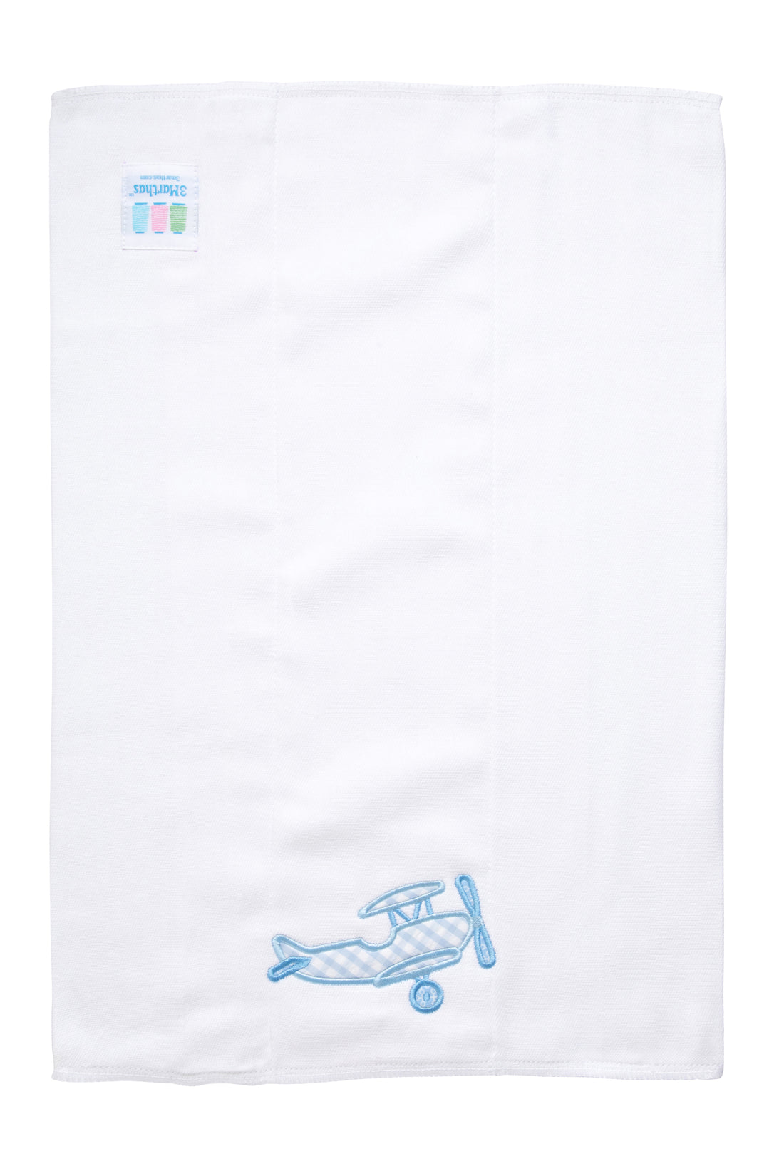 Cotton burp cloth for baby with blue gingham check airplane applique, 3 Marthas