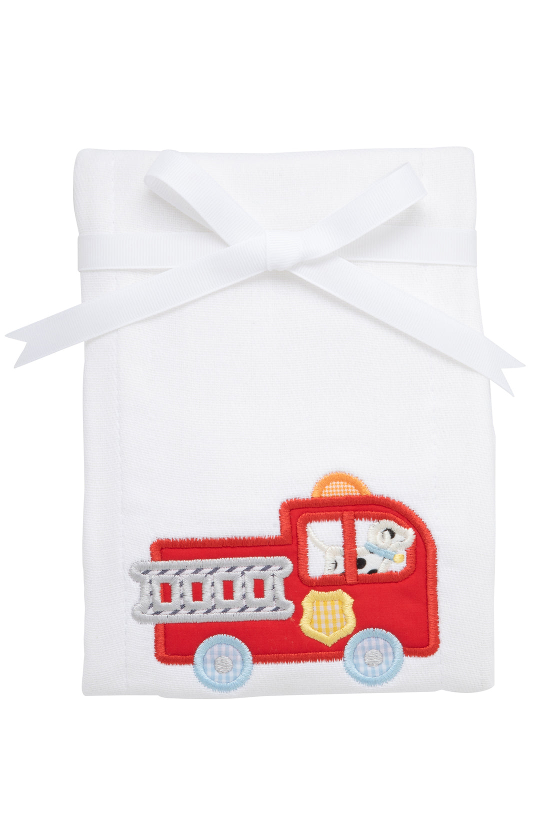 Cotton burp cloth for baby with firetruck and Dalmatian puppy applique, 3 Marthas