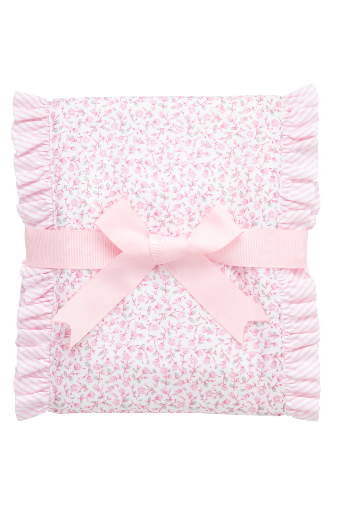 Cotton burp cloth for baby with pink floral print fabric and seersucker stripe ruffle trim, 3 Marthas
