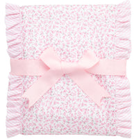 Cotton burp cloth for baby with pink floral print fabric and seersucker stripe ruffle trim, 3 Marthas